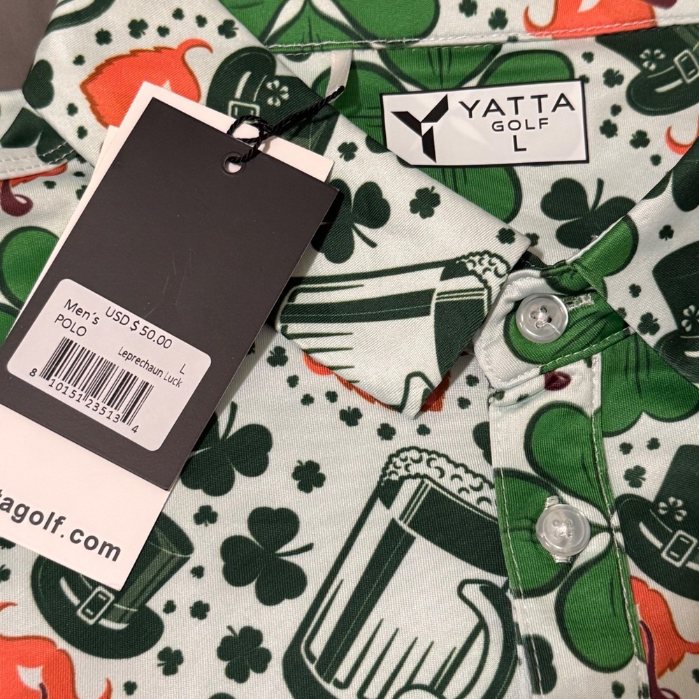 Yatta Golf Mens Large Leprechaun Luck Polo Shirt St Patricks Day Green Clover - Picture 2 of 8